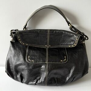 MAXX New York Black Crocodile Embossed Leather Handbag Gold Studs